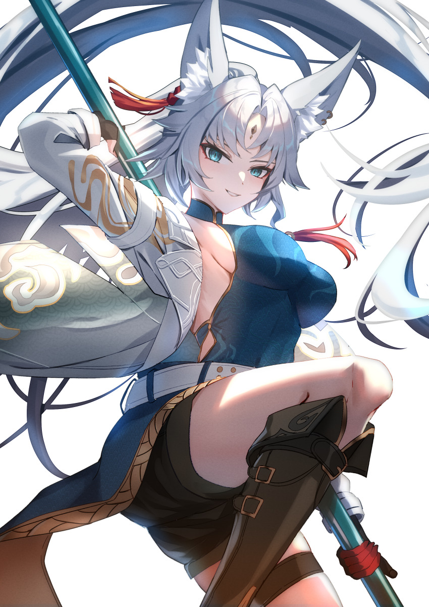 1girl absurdres alphaart animal_ear_fluff animal_ears aqua_eyes belt black_footwear black_gloves black_shorts blue_shirt boots breasts clothing_cutout coat commentary feixiao_(honkai:_star_rail) forehead_jewel fox_ears fox_girl gloves grin highres holding holding_polearm holding_weapon honkai:_star_rail honkai_(series) knee_boots large_breasts long_hair looking_at_viewer parted_bangs polearm polearm_behind_back shirt shorts side_cutout sidelocks simple_background smile solo very_long_hair weapon white_background white_belt white_coat white_hair