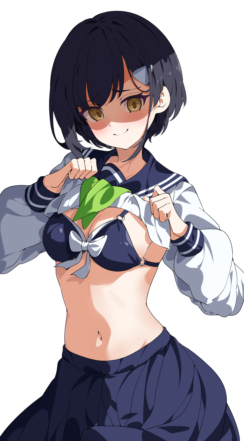 1girl absurdres bikini bikini_under_clothes black_hair black_sailor_collar black_skirt blush bow bow_bikini breasts cleavage closed_mouth clothes_lift commentary cowboy_shot empty_eyes eyelashes green_neckerchief hair_behind_ear hair_between_eyes hair_ornament hands_up highres hua-huahua lifting_own_clothes long_sleeves looking_at_viewer medium_breasts navel neckerchief o-ring o-ring_bikini o-ring_top pleated_skirt puffy_long_sleeves puffy_sleeves raised_eyebrows sailor_collar school_uniform serafuku shaded_face shikanoko_nokonoko_koshitantan shirt shirt_lift short_hair simple_background skirt smile solo split_mouth stomach swimsuit tsubameya_chiharu white_background white_bow white_shirt yellow_eyes