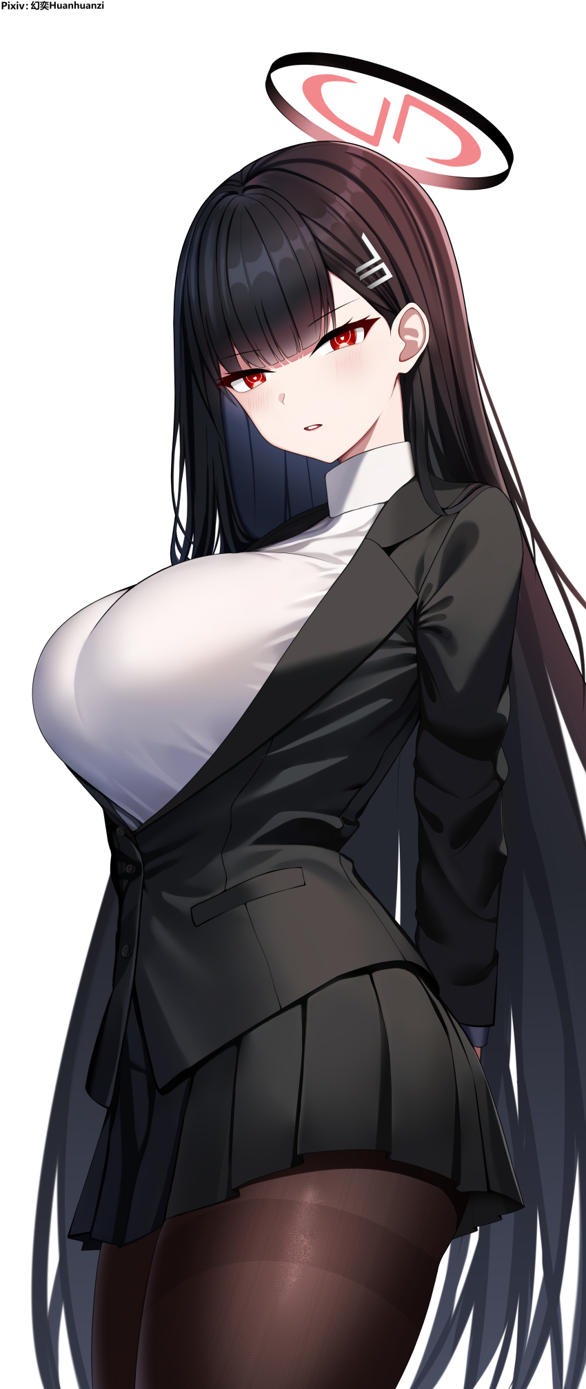 1girl absurdres black_hair black_jacket black_skirt blazer blue_archive breasts brown_pantyhose halo highres huanyi_huanhuanzi jacket large_breasts long_hair pantyhose parted_lips pleated_skirt red_eyes red_halo rio_(blue_archive) skirt solo sweater very_long_hair white_sweater