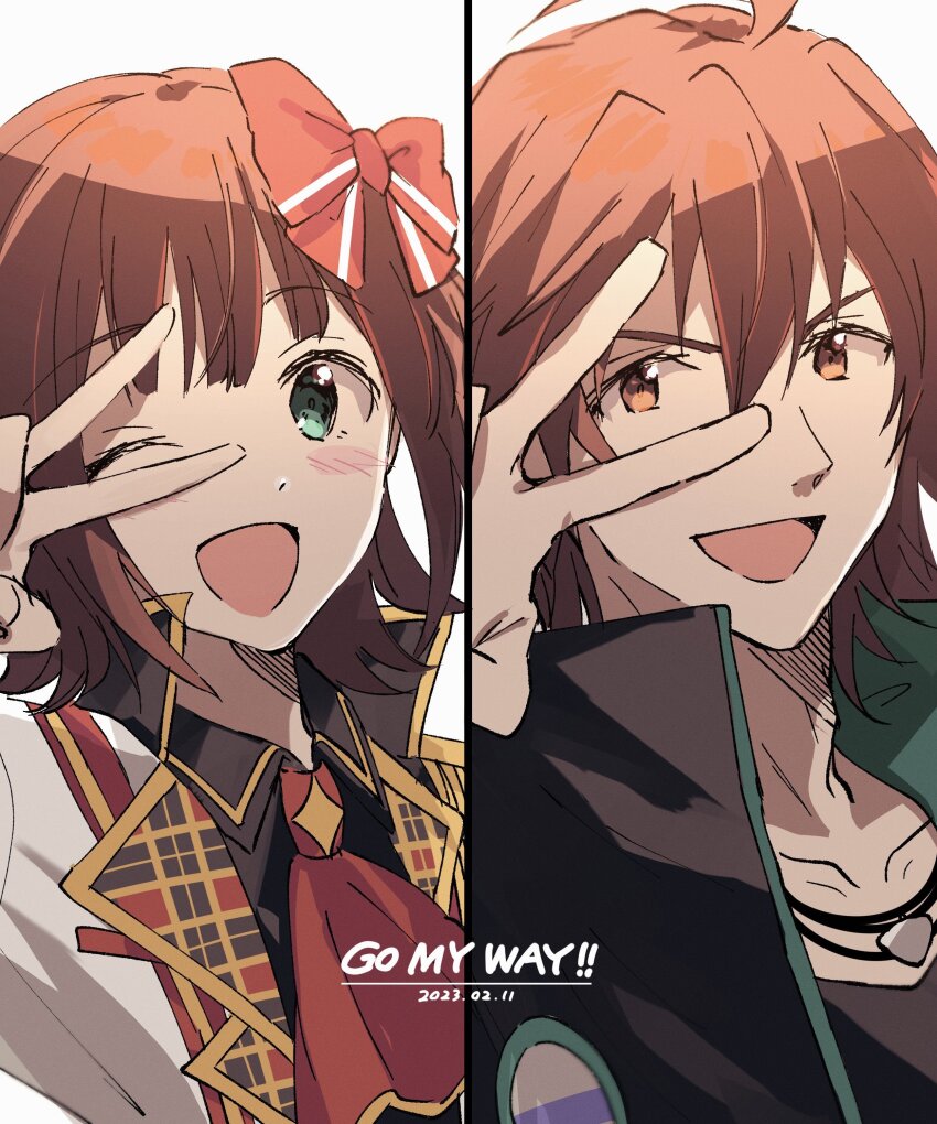 1boy 1girl :d absurdres amagase_touma amami_haruka ascot bow brown_eyes brown_hair collared_shirt green_eyes hair_bow highres idolmaster idolmaster_(classic) idolmaster_side-m jewelry kuzuya_ramurin necklace one_eye_closed open_mouth red_ascot shirt short_hair smile song_name split_screen v v_over_eye