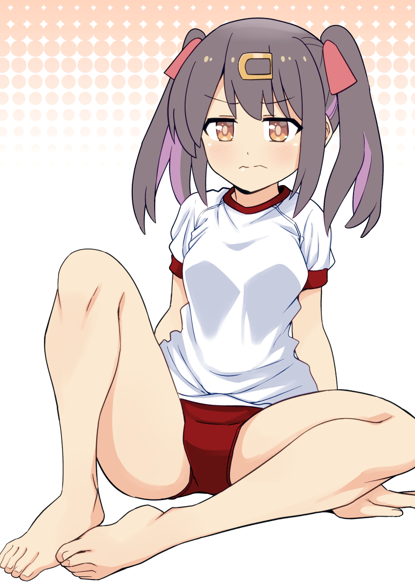 1girl absurdres barefoot breasts brown_eyes brown_hair buruma closed_mouth eyebrows_hidden_by_hair full_body gym_uniform hair_ornament hairclip highres knee_up light_blush light_frown looking_at_viewer medium_breasts medium_hair multicolored_hair onii-chan_wa_oshimai! oyama_mihari ponzu_rui red_buruma shirt short_twintails simple_background sitting solo spread_legs streaked_hair toes twintails wavy_mouth white_shirt