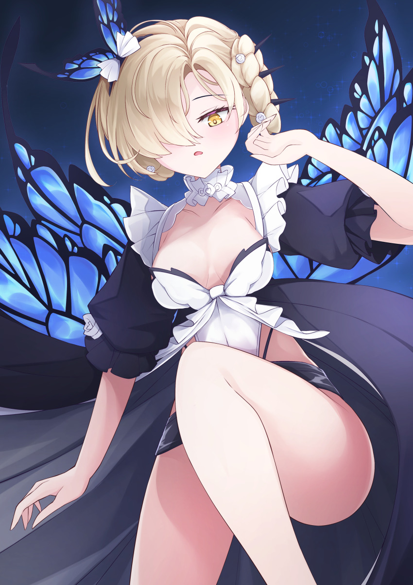 1girl absurdres azur_lane bare_legs black_dress blonde_hair blush braid breasts butterfly_hair_ornament covered_navel dress frontless_outfit hair_ornament hair_over_one_eye hand_up highres knee_up leotard looking_at_viewer medium_breasts medium_hair no_panties open_mouth osatou_(soul_of_sugar) sheffield_(azur_lane) sheffield_(occult_clash)_(azur_lane) single_braid small_breasts solo thighs upskirt white_leotard yellow_eyes