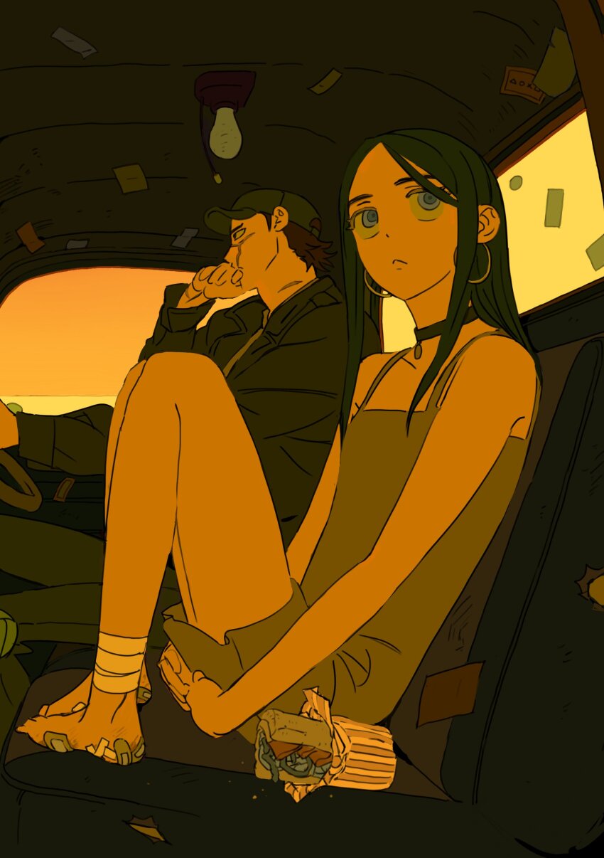 1boy 1girl :&lt; asirpa bandaged_ankle bandaid bandaid_on_foot black_hair blue_eyes breasts car_interior choker contemporary dress driving earrings flat_color food from_side golden_kamuy grey_dress highres hoop_earrings indoors jewelry knees_up light_bulb looking_up medium_hair miniskirt mshv2b2 own_hands_together pleated_skirt ringed_eyes sandwich short_dress side-by-side sidelocks sitting sitting_on_hand skirt sky small_breasts solo_focus straight_hair sugimoto_saichi window yellow_sky yellow_theme