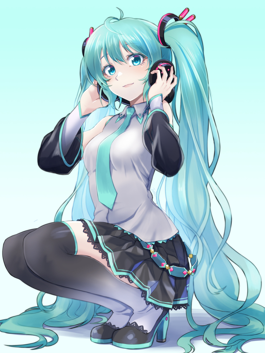 1girl adjusting_headphones aqua_background aqua_eyes aqua_hair aqua_necktie bare_shoulders black_boots black_skirt boots breasts detached_sleeves gradient_background grey_shirt hatsune_miku headphones high_heel_boots high_heels highres ivuki long_hair looking_at_viewer necktie pleated_skirt shadow shirt skirt sleeveless sleeveless_shirt solo squatting thigh_boots twintails very_long_hair vocaloid