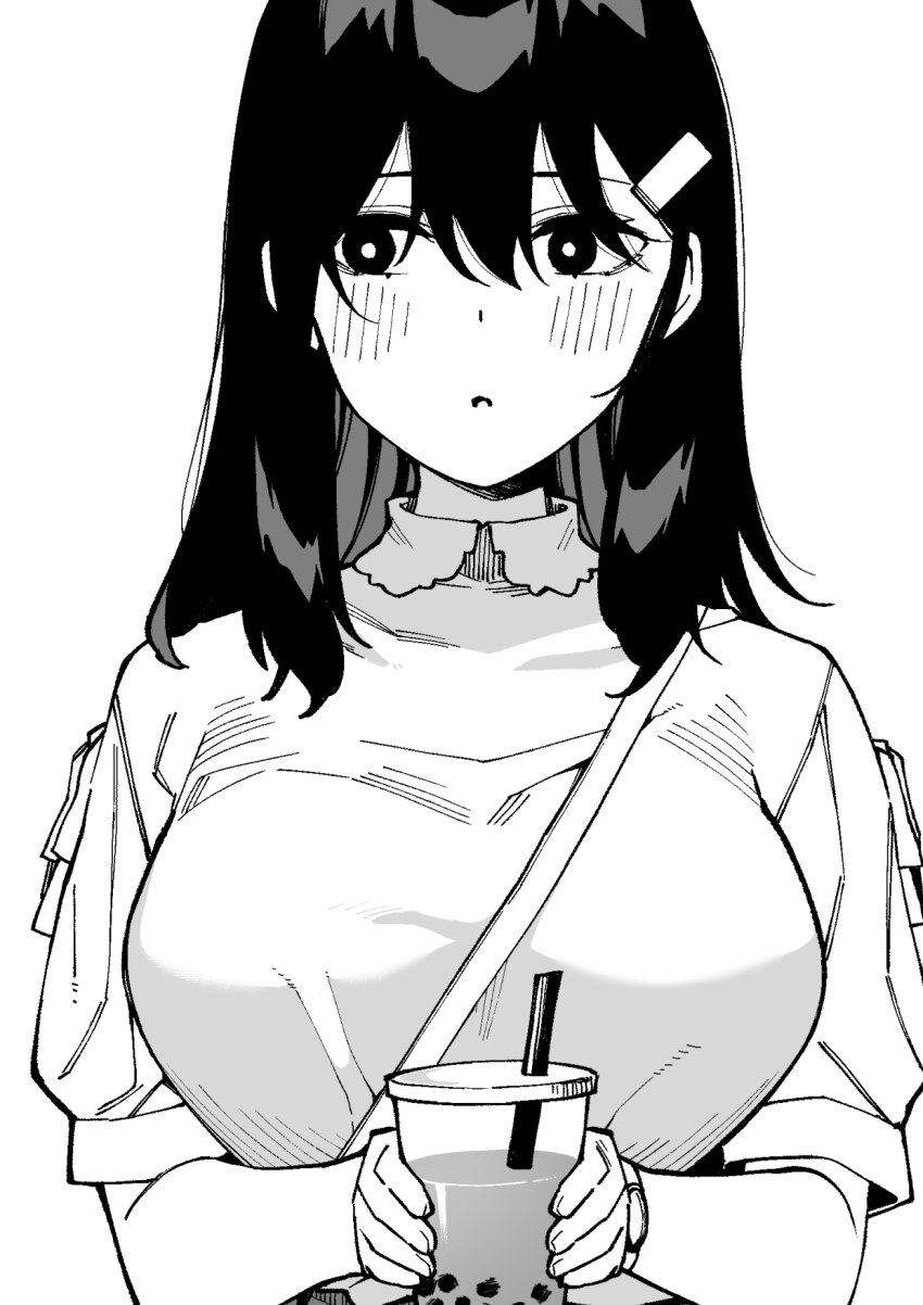 1girl black_eyes black_hair blush breasts bright_pupils bubble_tea byte_(allbyte) drink drinking_straw greyscale hair_ornament hairclip highres holding holding_drink large_breasts looking_to_the_side monochrome original solo white_background white_pupils