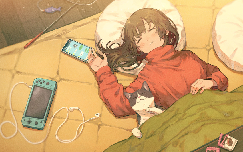 1girl animal black_hair blush cat cellphone closed_eyes commentary_request earbuds earphones eyebrows_hidden_by_hair facing_viewer hand_up handheld_game_console highres indoors kotatsu long_hair long_sleeves lying on_back original parted_lips phone pillow red_sweater saino_misaki sleeping sleeves_past_wrists solo sweater table turtleneck turtleneck_sweater under_kotatsu under_table upper_body wooden_floor