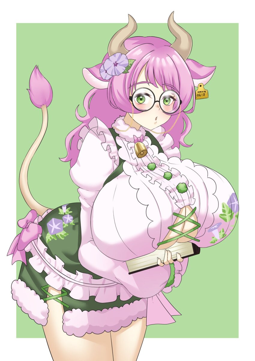 1girl aisha_ushimaru animal_ears barcode bell black-framed_eyewear blush book bow breasts center_frills commentary cow_ears cow_horns cow_tail english_commentary flower frills fur-trimmed_skirt fur_trim glasses green_background green_eyes green_skirt hair_flower hair_ornament high-waist_skirt highres holding holding_book horns huge_breasts juliet_sleeves long_sleeves neck_bell nexas_(vtuber) pink_bow pink_hair puffy_sleeves puffywaffles purple_flower round_eyewear shirt skirt sleeves_past_wrists solo tail virtual_youtuber white_shirt