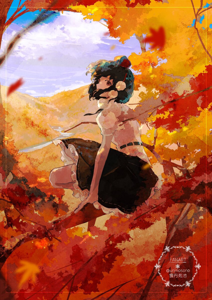 1girl absurdres autumn_leaves black_hair cloud cloudy_sky frilled_skirt frills from_side hat highres leaf medium_hair red_eyes shameimaru_aya shirt short_sleeves skirt sky tokin_hat touhou uninosono white_shirt