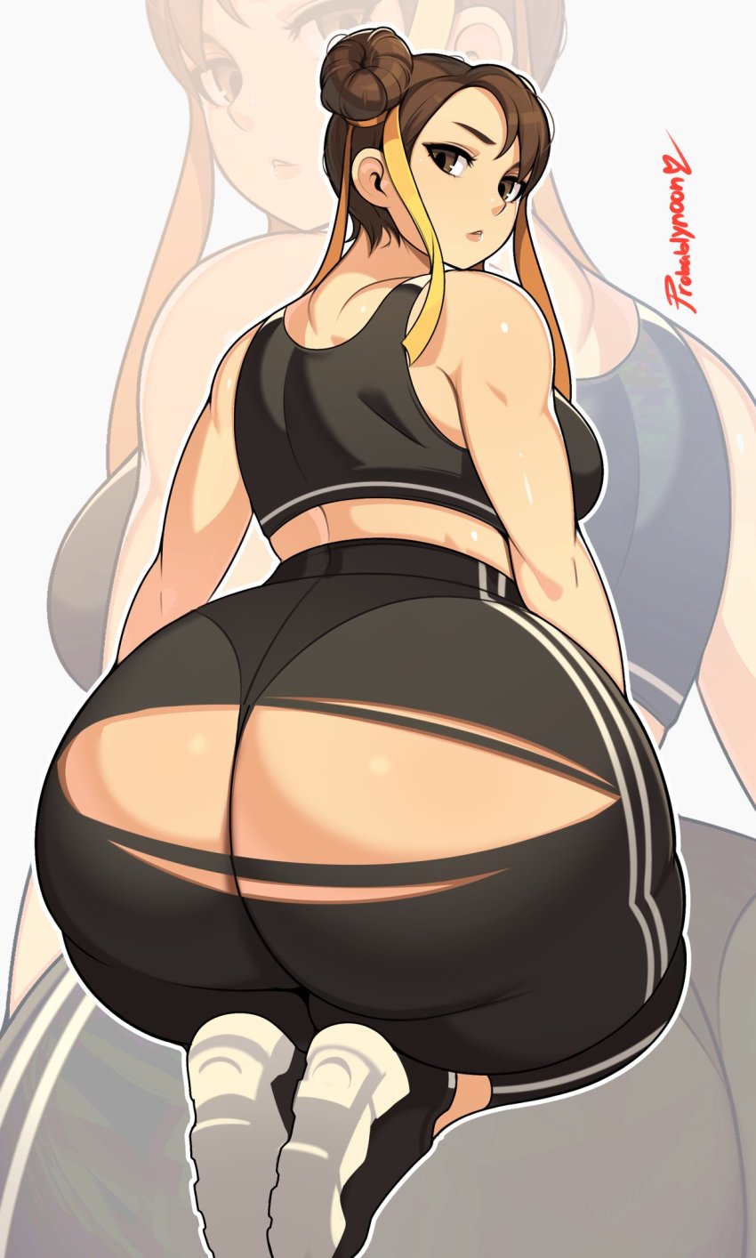 1girl artist_name ass bare_shoulders brown_eyes brown_hair capcom chun-li double_bun hair_bun highres huge_ass looking_back pants probablynoon shoes sneakers solo sports_bra street_fighter thick_thighs thighs torn_clothes torn_pants white_background wide_hips yoga_pants zoom_layer