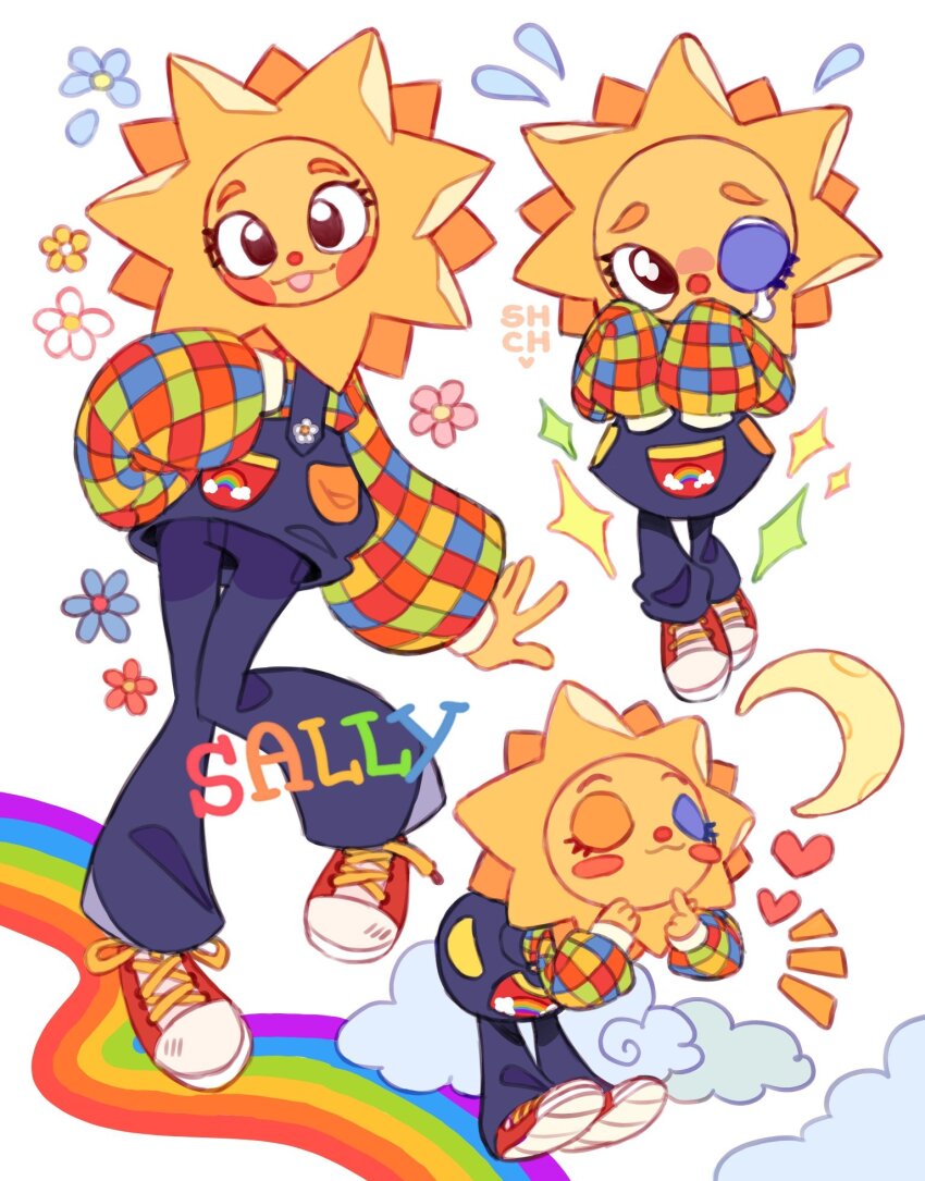 1girl :3 blue_overalls blush_stickers chibi cloud colorful commentary crescent_moon full_body happy highres looking_at_viewer monster_girl moon multiple_views one_eye_closed overalls rainbow sally_starlet sharpycharot simple_background smile sun tears uwu welcome_home_(arg) white_background