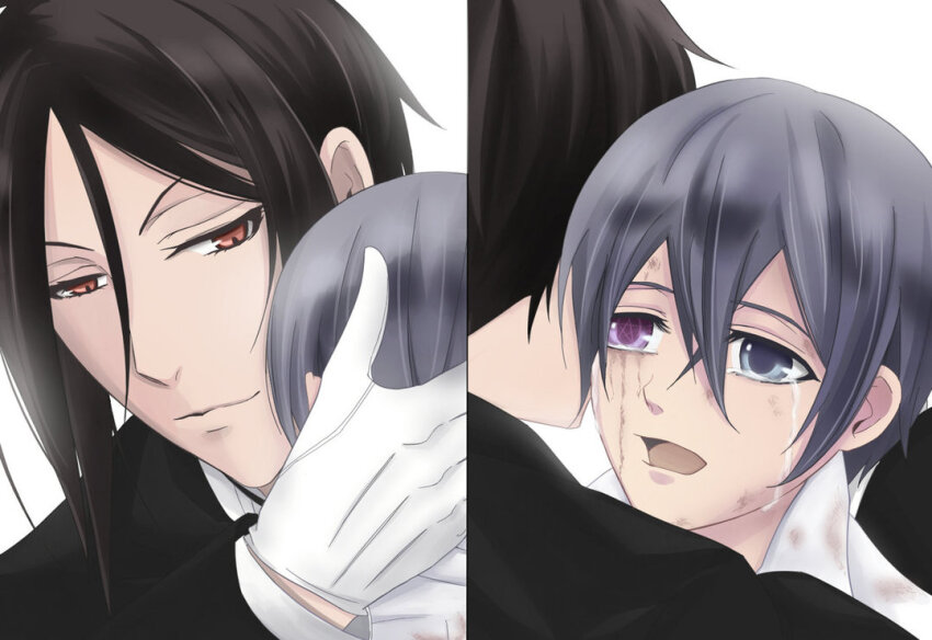 2boys age_difference black_hair black_suit butler child ciel_phantomhive comforting crying earrings formal_clothes grey_hair heterochromia hug jewelry kuroshitsuji medium_hair multiple_boys pentagram sebastian_michaelis short_hair square_enix suit symbol-shaped_pupils tears wounds