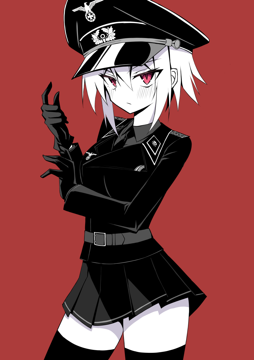 1girl absurdres blush expressionless gloves hat highres jiseki_rena limited_palette looking_at_viewer military_dress_uniform nazi original peaked_cap red_background red_eyes reichsadler rena_(jiseki_rena) short_hair simple_background solo thighhighs totenkopf zettai_ryouiki