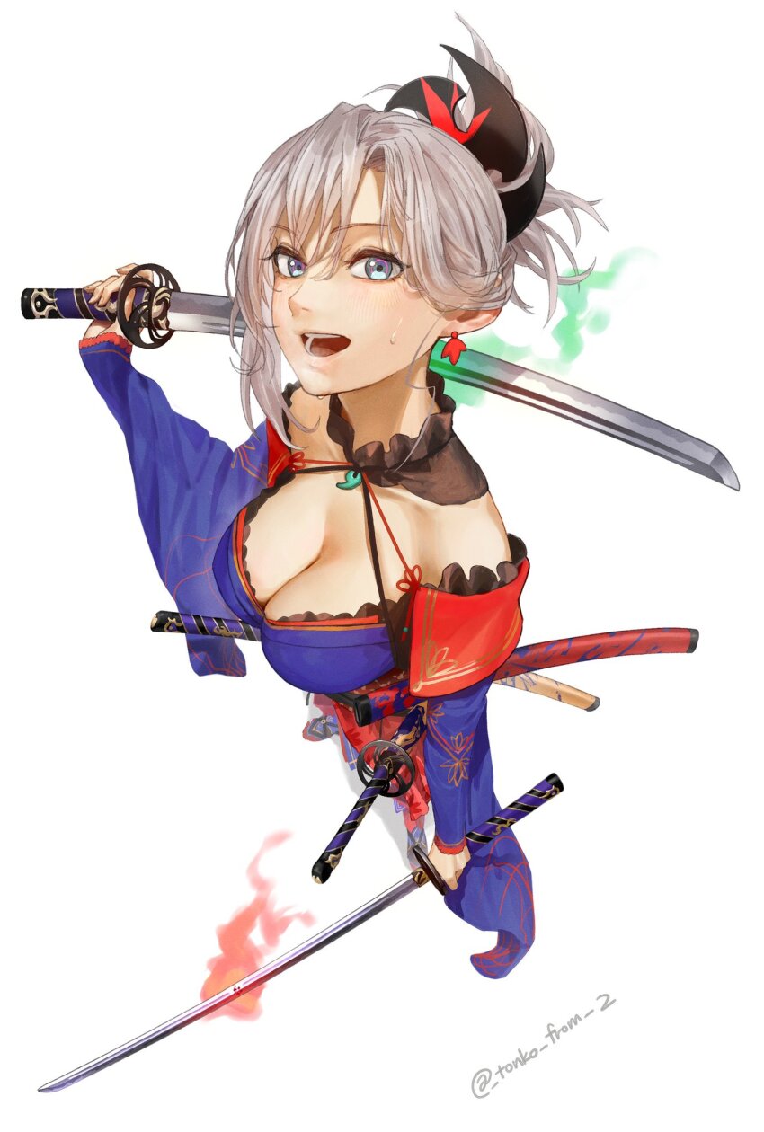 american_flag american_flag_bikini american_flag_print asymmetrical_hair bikini bun_cover fate/grand_order fate_(series) flag_print gunblade hair_bun highres japanese_clothes kimono leaf_print magatama maple_leaf_print miyamoto_musashi_(fate) print_bikini print_swimsuit shimousa_(fate/grand_order) short_kimono single_side_bun single_sidelock sleeveless sleeveless_kimono swept_bangs swimsuit tonko_from toy_sword weapon