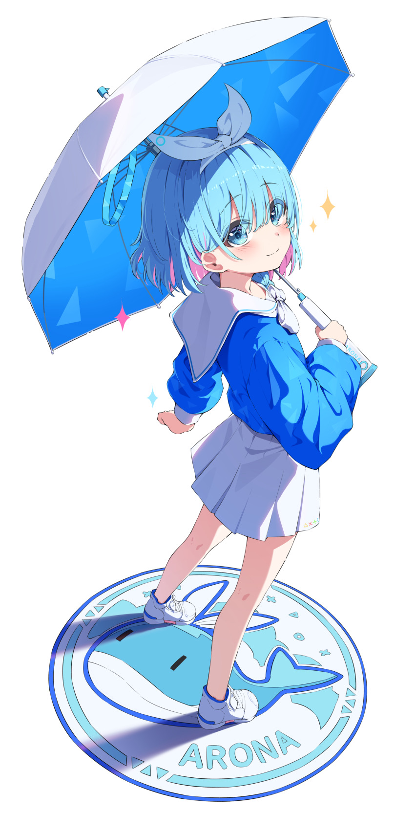 1girl absurdres arona_(blue_archive) blue_archive blue_eyes blue_hair blue_halo blush closed_mouth colored_inner_hair hair_over_one_eye halo highres holding holding_umbrella kneepits long_sleeves looking_at_viewer mannack multicolored_hair pink_hair pleated_skirt shoes short_hair simple_background skirt smile solo umbrella white_background white_footwear white_skirt