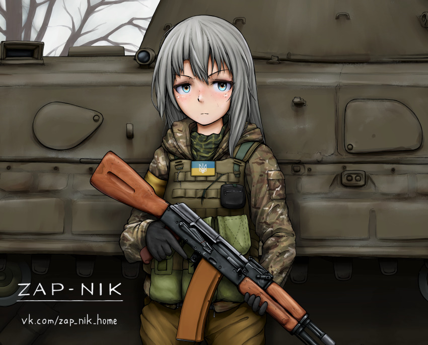 1girl ak-74 ammunition_pouch aqua_eyes armband armored_personnel_carrier armored_vehicle assault_rifle camouflage commentary freckles gun hair_between_eyes highres holding holding_gun holding_weapon kalashnikov_rifle load_bearing_vest long_hair military military_uniform motor_vehicle original pouch rifle silver_hair solo standing ukraine ukrainian_flag vehicle weapon yellow_armband zap-nik