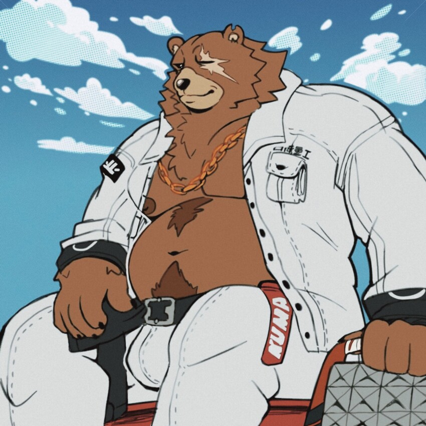 1boy animal_ears bara bear_boy bear_ears belly ben_bigger blue_sky brown_fur bulge chest_fur claws cloud cloudy_sky commentary english_commentary fat furry furry_male hand_on_weapon highres jacket leontamashi looking_at_viewer male_focus navel navel_hair nipples notched_ears pants pectorals plump scar scar_across_eye sitting sky smile white_jacket white_pants zenless_zone_zero