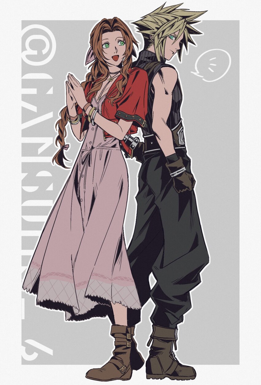 absurdres aerith_gainsborough back-to-back baggy_pants bangle belt blonde_hair blue_eyes boots border bracelet braid braided_ponytail breasts brown_belt brown_footwear brown_gloves choker clenched_hand cloud_strife cropped_jacket dress final_fantasy final_fantasy_vii final_fantasy_vii_rebirth final_fantasy_vii_remake flower_choker full_body gloves green_eyes grey_background hair_between_eyes hair_ribbon hand_on_own_hip highres jacket jewelry long_dress long_hair medium_breasts open_mouth own_hands_together pants parted_bangs pink_dress pink_ribbon red_jacket ribbon roku_(gansuns) short_hair short_sleeves sidelocks single_bare_shoulder single_braid sleeveless sleeveless_turtleneck smile spiked_hair suspenders turtleneck twitter_username white_border