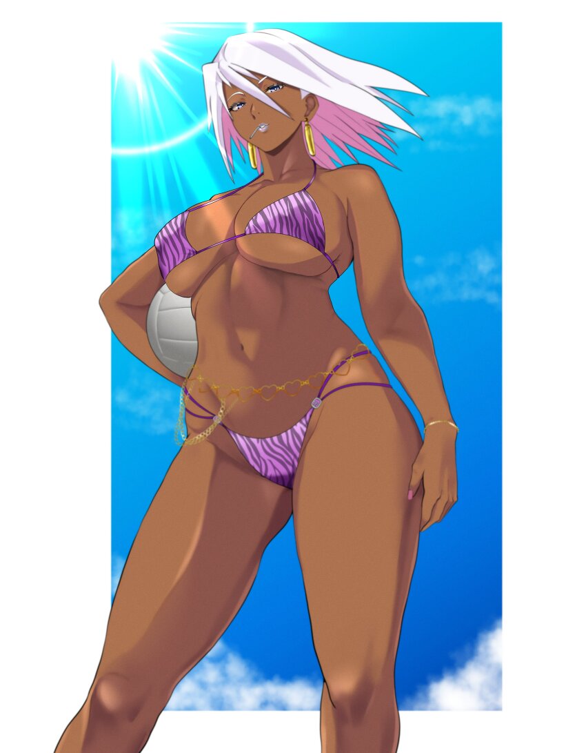 1girl absurdres animal_print arm_at_side ball belly_chain bikini bizen_sayoko blue_sky bracelet breasts colored_inner_hair commentary covered_erect_nipples cowboy_shot curryman_(zxxk) curvy dark-skinned_female dark_skin english_commentary feet_out_of_frame fingernails from_below grey_eyes grey_lips gyaru hair_between_eyes hand_on_own_hip highres holding holding_ball jewelry large_breasts leopard_print light_rays lipstick looking_at_viewer makeup medium_hair multi-strapped_bikini_bottom multicolored_hair nail_polish navel pink_nails purple_bikini revision sky slut_girl solo spaghetti_strap spiked_hair swimsuit thighs underboob volleyball_(object) white_hair