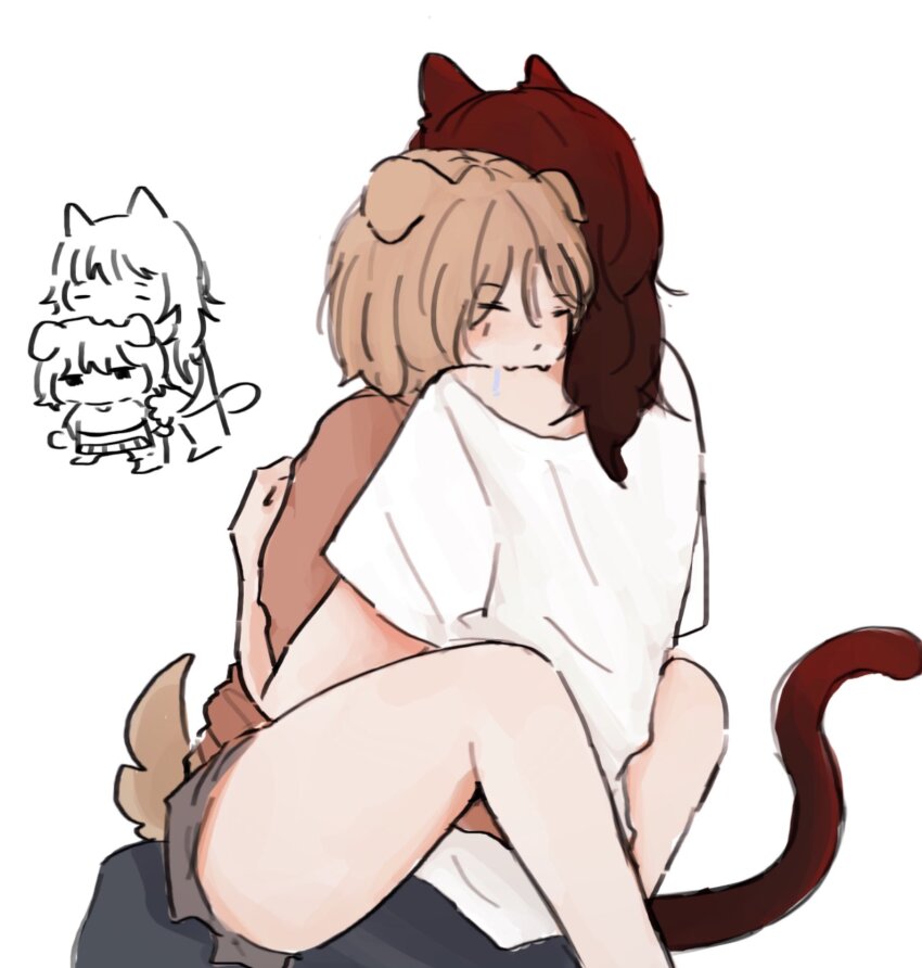 2girls aespa animal_ears bare_legs biting_shoulder brown_hair cat_ears cat_girl cat_tail closed_eyes commentary delusional965 dog_ears dog_girl dog_tail highres k-pop karina_(aespa) kemonomimi_mode long_hair multiple_girls orange_shirt real_life shirt short_hair short_sleeves simple_background sitting sitting_on_lap sitting_on_person tail white_background white_shirt winter_(aespa) yuri