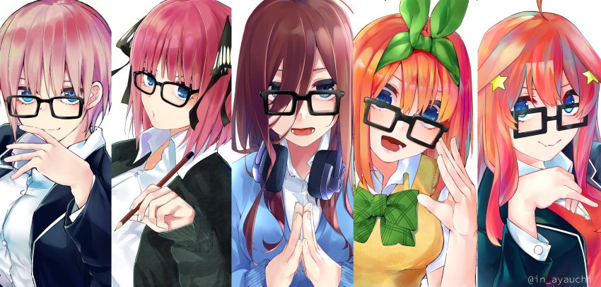 5girls adjusting_eyewear ayauchi bespectacled black_cardigan blue_cardigan blue_eyes cardigan closed_mouth collared_shirt eyebrows_hidden_by_hair glasses glasses_over_hair go-toubun_no_hanayome green_ribbon hair_between_eyes hair_ornament headphones headphones_around_neck highres long_hair looking_at_viewer multiple_girls nail_polish nakano_ichika nakano_itsuki nakano_miku nakano_nino nakano_yotsuba own_hands_together pen pink_hair red_hair ribbon school_uniform shirt short_hair siblings sisters smile star_(symbol) star_hair_ornament white_shirt