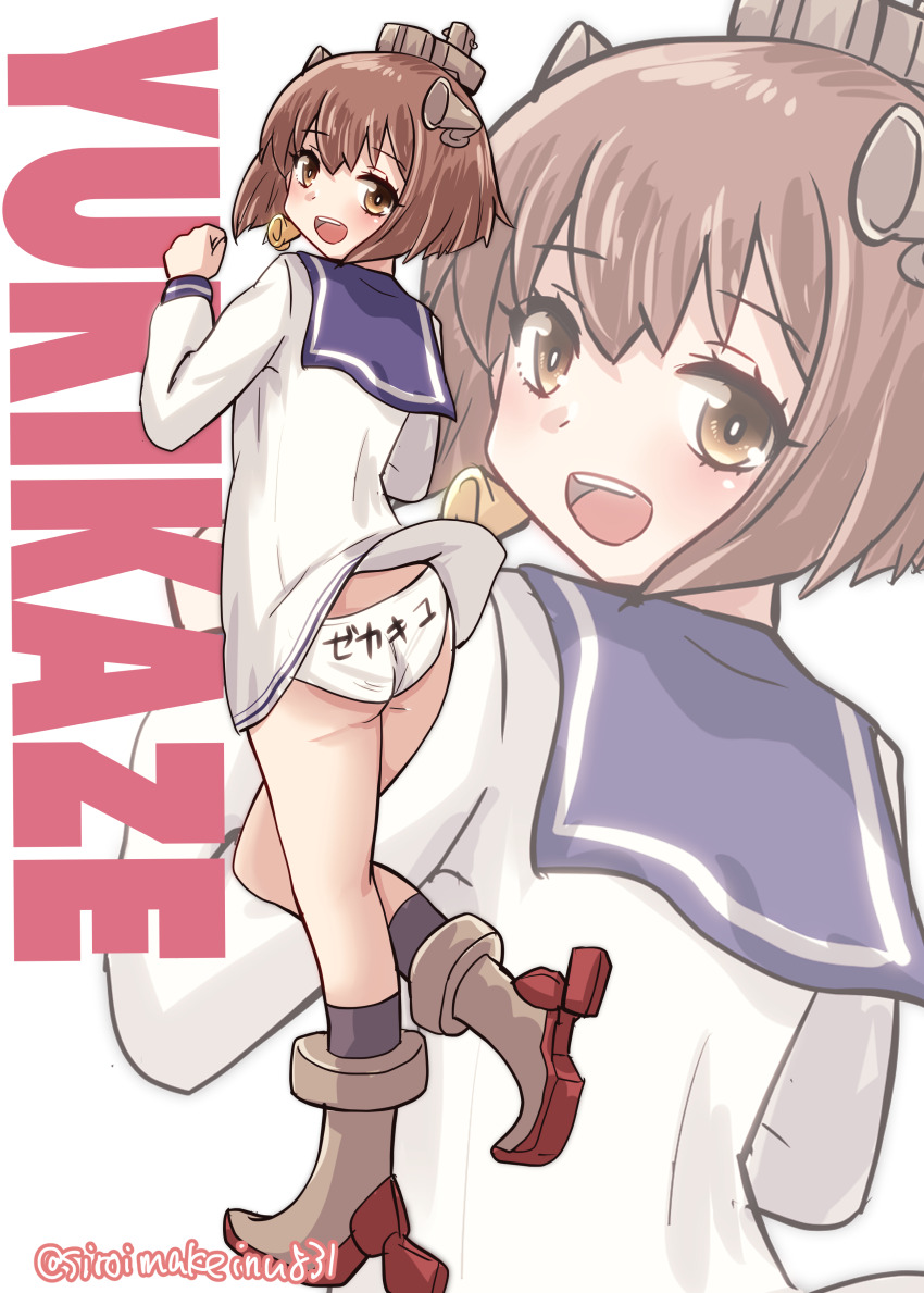 1girl absurdres blue_sailor_collar brown_eyes brown_hair character_name clothes_writing dress full_body headgear highres kantai_collection kitahama_(siroimakeinu831) looking_at_viewer multiple_views one-hour_drawing_challenge open_mouth panties round_teeth rudder_footwear sailor_collar sailor_dress short_hair smile speaking_tube_headset standing teeth text_background twitter_username underwear upper_teeth_only white_dress white_panties yukikaze_(kancolle) zoom_layer