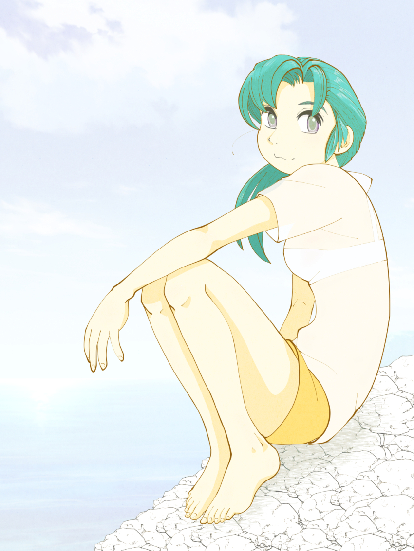 1girl :3 a-king arm_support barefoot bikini bikini_under_clothes cloud cloudy_sky commentary day feet from_side full_body green_hair hand_on_own_knee hatsuseno_alpha highres long_hair looking_at_viewer on_rock outdoors rock see-through_clothes see-through_shirt shirt shorts sitting sky solo swimsuit toes water white_bikini white_shirt yellow_shorts yokohama_kaidashi_kikou