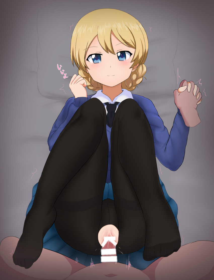 1boy 1girl acxg bar_censor black_necktie black_pantyhose blonde_hair blouse blue_eyes blue_skirt blue_sweater braid braided_bun censored clothed_female_nude_male darjeeling_(girls_und_panzer) dress_shirt girls_und_panzer hair_bun hetero highres holding_hands long_sleeves lying miniskirt mosaic_censoring necktie nude on_back pantyhose pleated_skirt school_uniform sex shirt short_hair skirt st._gloriana&#039;s_school_uniform sweater thighband_pantyhose torn_clothes torn_legwear twin_braids vaginal white_shirt