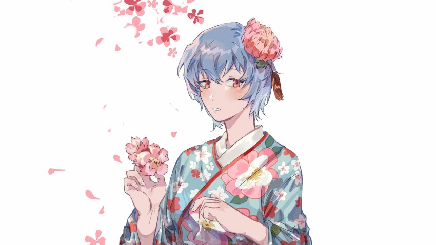 1girl alternate_costume ayanami_rei blue_hair blue_kimono blush cherry_blossoms floral_print_kimono flower hair_between_eyes hair_flower hair_ornament highres holding holding_flower japanese_clothes kimono looking_at_viewer neon_genesis_evangelion open_mouth red_eyes short_hair simple_background solo upper_body white_background xing_20