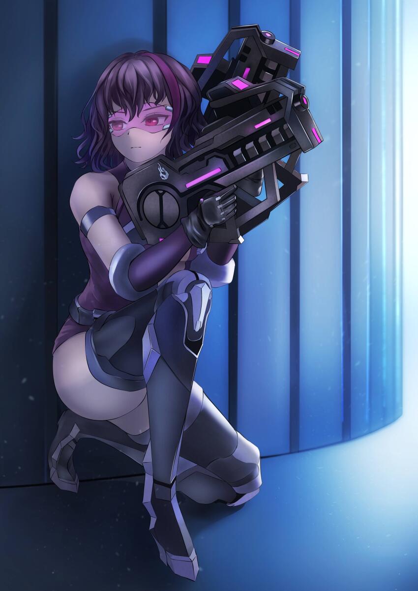 1girl absurdres assault_visor bare_shoulders black_footwear black_gloves black_hair boots closed_mouth commentary_request commission dual_wielding full_body girls&#039;_frontline gloves gun hair_between_eyes hallway highres holding holding_gun holding_weapon kneeling leotard looking_to_the_side multicolored_hair multiple_girls pi4_pi_yo purple_eyes purple_hair purple_leotard ripper_(girls&#039;_frontline) sangvis_ferri serious short_hair skeb_commission solo streaked_hair submachine_gun thigh_boots weapon