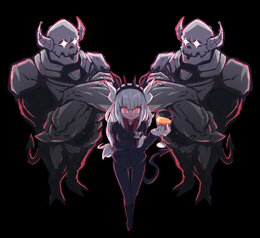 1girl 2boys absurdres black_footwear black_pants blouse blush crossed_arms crown cup demon_tail drinking_glass frown glorious_success gloves helltaker highres horns krr316 looking_at_viewer lucifer_(helltaker) mole mole_under_eye multiple_boys pants red_eyes red_shirt shirt tail transparent_background white_gloves white_hair wine_glass