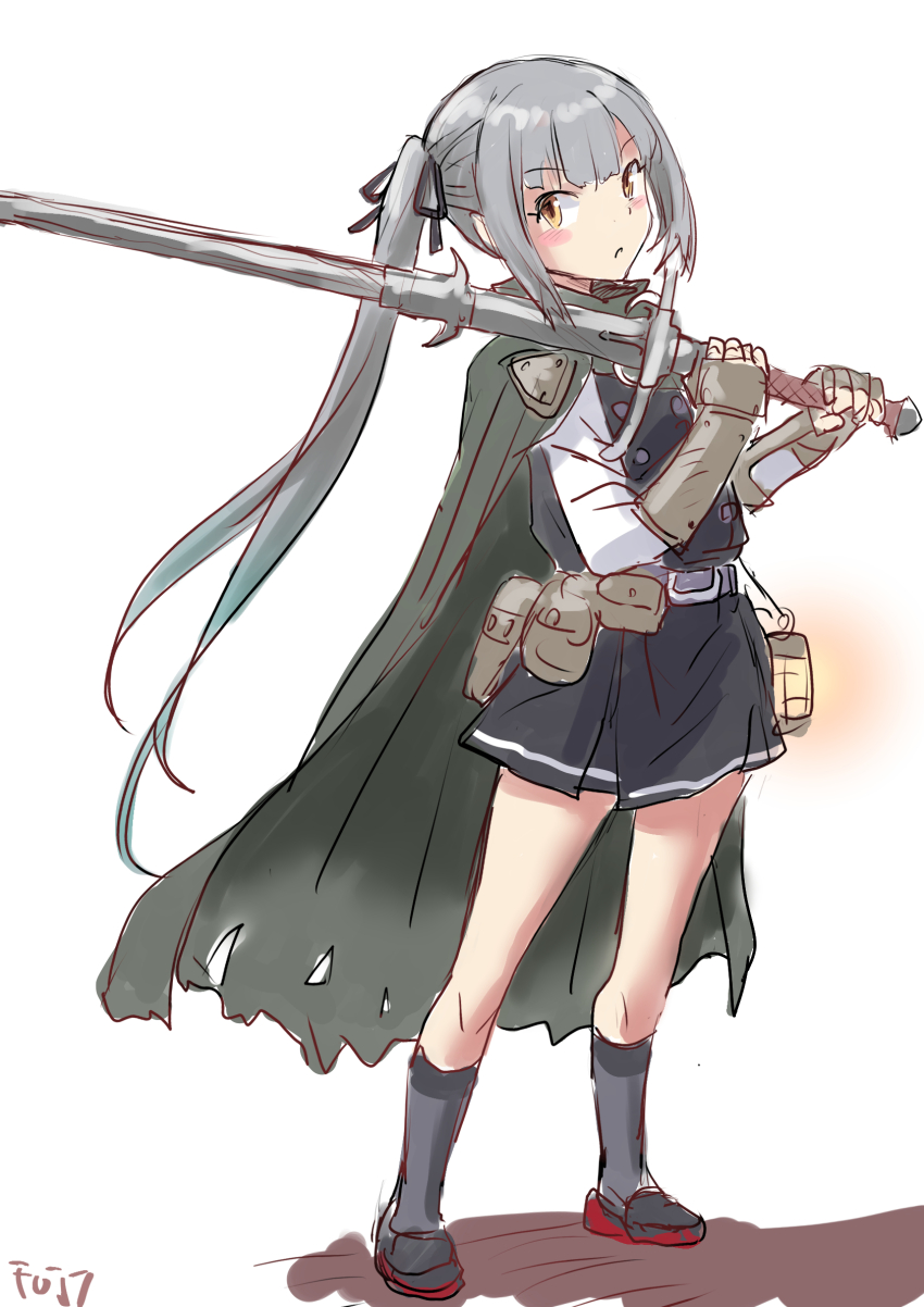 1girl black_dress brown_eyes cape collared_shirt commentary_request dress dress_shirt fuji_(pixiv24804665) full_body gauntlets grey_cape grey_hair grey_socks hair_ribbon highres kantai_collection kasumi_(kancolle) long_hair pinafore_dress ribbon shirt side_ponytail signature simple_background sleeveless sleeveless_dress socks solo sword torn_cape torn_clothes weapon white_background white_shirt zweihander