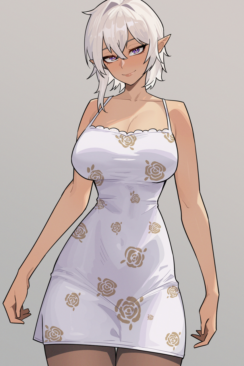 1girl absurdres breasts cleavage collarbone covered_navel dress elf grey_background grey_hair head_tilt highres kyana_(nokaa_aru) large_breasts nokaa_aru original pointy_ears purple_eyes short_hair sidelocks simple_background smile solo sundress thigh_gap tight_clothes wide_hips