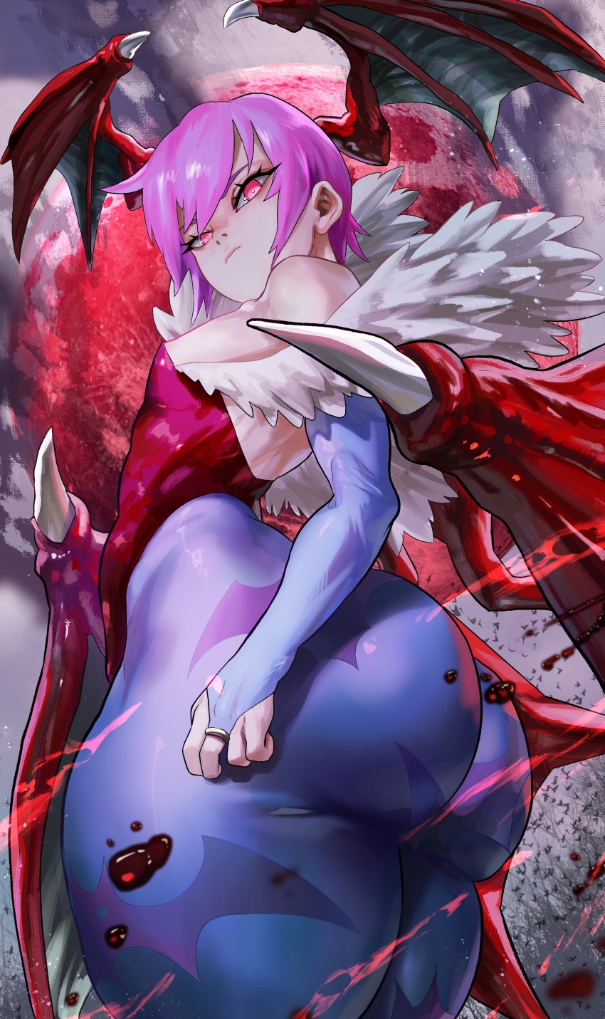 1girl absurdres animal_print ass bare_shoulders bat_print bat_wings blue_pantyhose capcom closed_mouth demon_girl flat_chest head_wings highres huge_ass leotard lilith_aensland noblood_(ryandomonica) pantyhose pink_eyes pink_hair red_leotard red_wings short_hair solo thick_thighs thighs vampire_(game) wings