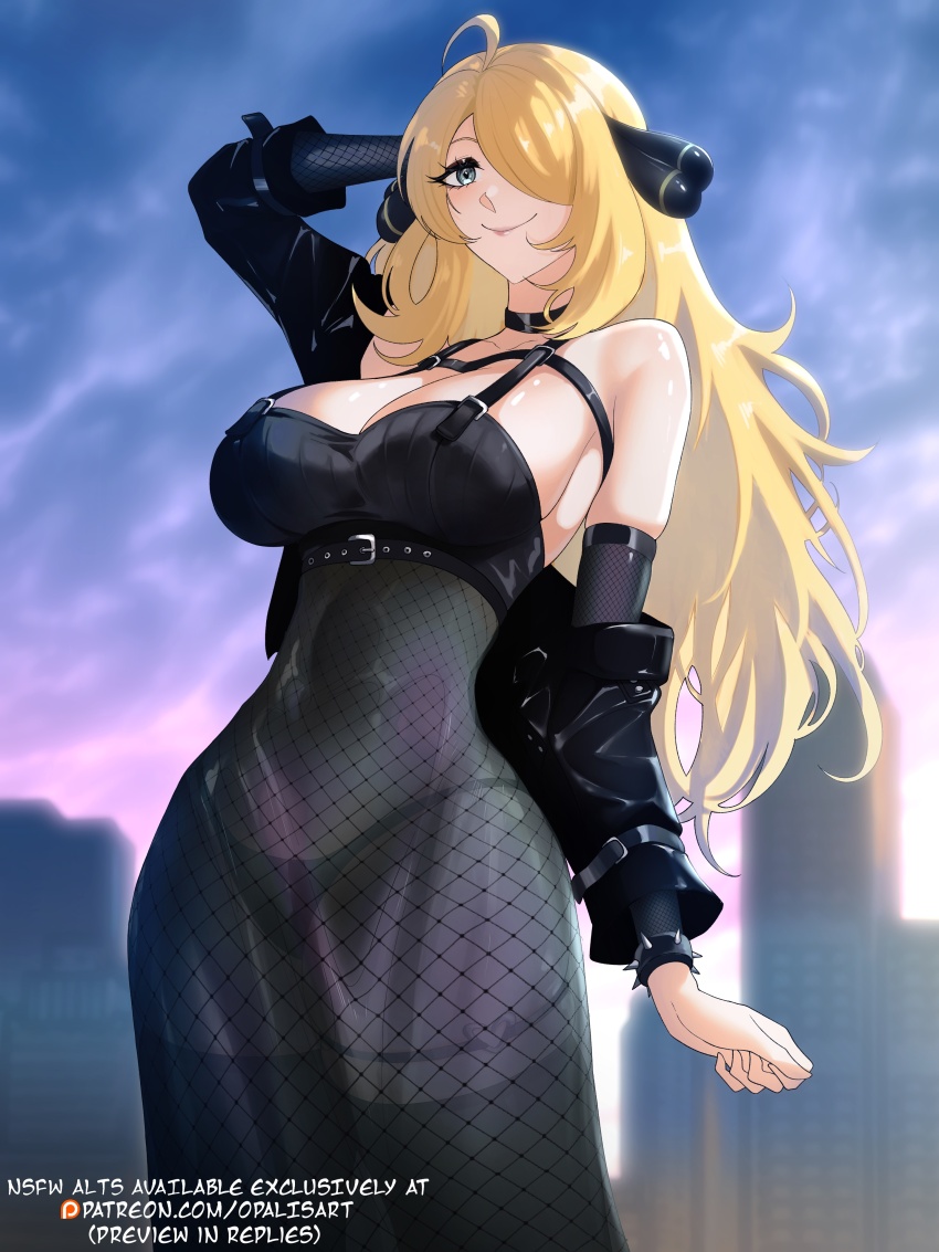 1girl absurdres ahoge alternate_costume bare_shoulders black_dress black_eyes black_jacket black_panties blue_sky bracelet breasts cleavage closed_mouth cloud commentary covered_navel creatures_(company) cropped_jacket cynthia_(pokemon) day dress english_commentary fishnets game_freak goth_fashion hair_ornament hair_over_eyes highres jacket jewelry large_breasts long_hair looking_at_viewer nintendo off_shoulder one_eye_covered opalis panties pokemon pokemon_dppt see-through_clothes see-through_dress sky smile solo spiked_bracelet spikes strapless strapless_dress underwear very_long_hair