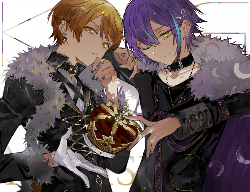 2koma asymmetrical_bangs belt_collar choker closed_mouth collar collared_shirt colored_eyelashes comic commentary_request crown ear_piercing fingernails fur_sleeves fur_trim gloves hair_between_eyes hair_ornament hairclip holding holding_crown jewelry kamishiro_rui king_(vocaloid) light_purple_hair long_sleeves male_focus multicolored_hair multiple_views nail_polish necklace one_eye_closed orange_eyes orange_hair piercing project_sekai ring shirt short_hair single_glove streaked_hair suou_(sdurorhr) teeth tenma_tsukasa upper_body vocaloid white_gloves yellow_eyes