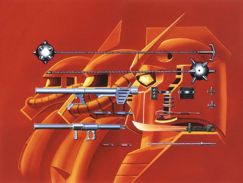 axe gundam mecha mobile_suit_gundam official_art ookawara_kunio robot rocket_launcher rx-78-2_gundam scan sword tagme weapon zaku zaku_ii zaku_ii_s_char_custom