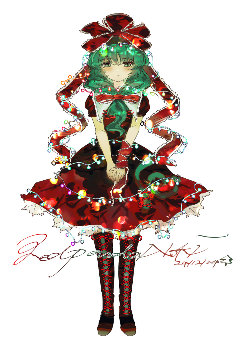 1girl arm_ribbon artist_name black_footwear blush boots bow christmas christmas_lights collared_dress commentary cross-laced_footwear dated dress frilled_bow frilled_dress frilled_ribbon frills front_ponytail full_body green_eyes green_hair hair_bow highres kagiyama_hina lace-up_boots long_hair looking_at_viewer moenoki own_hands_together puffy_short_sleeves puffy_sleeves red_bow red_dress red_ribbon ribbon short_sleeves simple_background single_bare_arm solo standing straight-on symbol-only_commentary touhou white_background