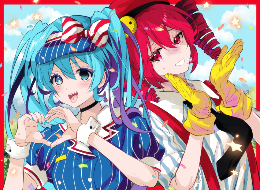 2girls aqua_eyes aqua_hair aqua_nails black_choker black_necktie border bow buttons choker closed_mouth cloud collared_shirt colored_eyelashes confetti dress drill_hair gloves hat hatsune_miku heart heart_hands kasane_teto mesmerizer_(vocaloid) multiple_girls necktie open_mouth partially_shaded_face pinstripe_dress pinstripe_hat pinstripe_pattern puffy_short_sleeves puffy_sleeves red_border red_eyes red_hair red_hat red_suspenders sharp_teeth shirt short_sleeves shrugging sky smile smiley_face sparkling_eyes star_(symbol) striped_bow striped_clothes striped_dress striped_headwear striped_shirt teeth tongue tongue_out twin_drills upper_body utau vertical-striped_clothes vertical-striped_dress vertical-striped_headwear vertical-striped_shirt vocaloid white_shirt yellow_gloves yudoufu_(littleplus)