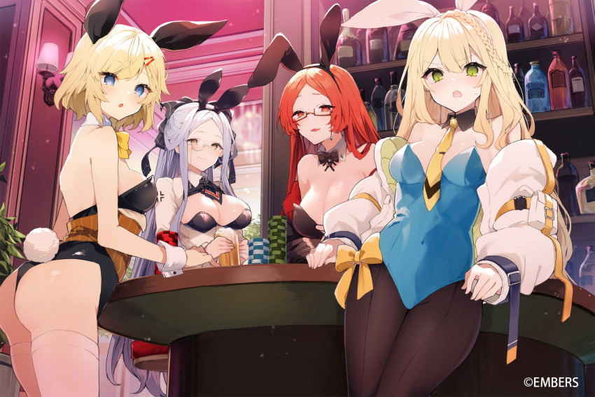 4girls :o animal_ears ash_arms ass back bare_shoulders black_leotard blonde_hair blue_eyes blue_leotard bow bowtie braid breasts brown_pantyhose character_name cleavage covered_navel detached_collar do_335_(ash_arms) fake_animal_ears fake_tail glasses green_eyes hairband highres ikeuchi_tanuma jacket large_breasts leotard long_sleeves m4_sherman_(ash_arms) medium_breasts monocle multiple_girls necktie obusier_st._chamond_(ash_arms) off_shoulder official_art open_clothes open_jacket open_mouth pantyhose parted_bangs playboy_bunny rabbit_ears rabbit_tail red_eyes red_hair semi-rimless_eyewear strapless strapless_leotard suisei_(ash_arms) tail thighhighs thighs under-rim_eyewear v-shaped_eyebrows white_hair white_jacket white_thighhighs yellow_bow yellow_eyes