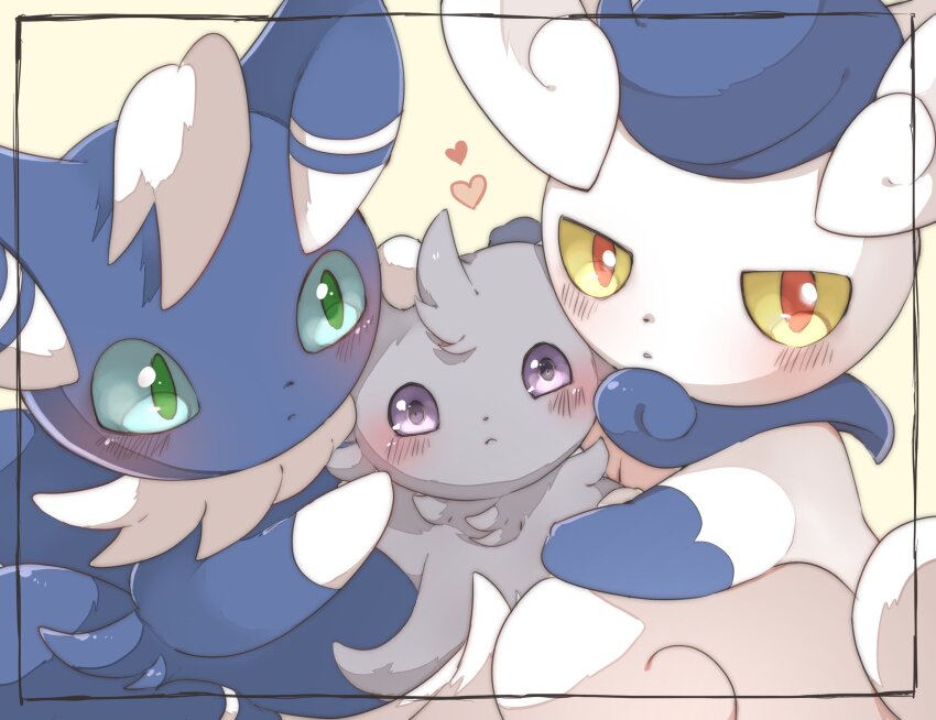 blue_sclera blush chiko_(chi_p_71) closed_mouth colored_sclera creatures_(company) espurr evolutionary_line game_freak gen_6_pokemon green_eyes grey_hair heart highres hug meowstic meowstic_(female) meowstic_(male) nekomata nintendo no_humans pokemon pokemon_(creature) red_eyes white_hair yellow_sclera