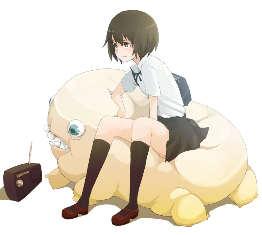 brown_hair cenco_roll cencoroll monster radio school_uniform short_hair simple_background skirt socks solo tansuke white_background yuki_(cencoroll)