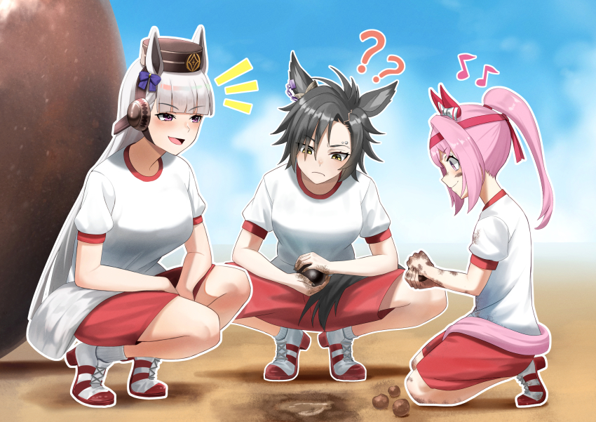 3boys ? ?? air_shakur_(umamusume) animal_ears black_hair blunt_bangs blush breasts child closed_mouth dirty dirty_face eyebrow_piercing flat_chest frown gold_ship_(umamusume) grey_hair gym_uniform haru_urara_(umamusume) headband high_heels highres horse_ears horse_girl horse_tail kneeling long_hair medium_breasts motsushi mudball multiple_boys musical_note notice_lines open_mouth parted_bangs piercing pillbox_hat pink_hair ponytail red_shorts shirt shoes short_sleeves shorts smile sneakers squatting tail tiptoes umamusume white_shirt