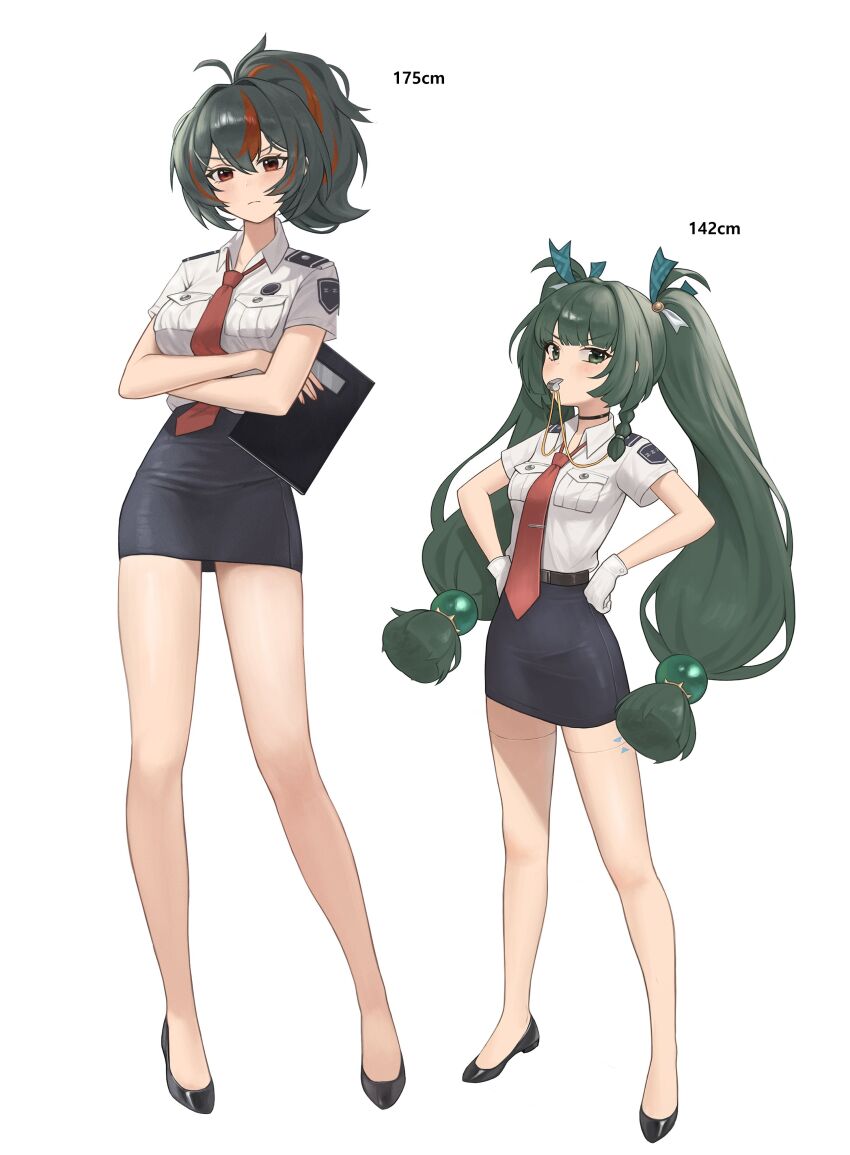 2girls absurdres alternate_costume android bare_legs black_hair black_skirt blunt_bangs blush breast_pocket breasts closed_mouth crossed_arms dang_geun23283 full_body gloves green_hair height height_difference high-waist_skirt high_heels highres holding holding_notebook large_breasts light_frown long_hair long_legs looking_at_viewer multicolored_hair multiple_girls necktie notebook pencil_skirt pocket police police_uniform policewoman ponytail qingyi_(zenless_zone_zero) red_eyes red_necktie shirt shirt_tucked_in sidelocks simple_background skirt streaked_hair twintails v-shaped_eyebrows very_long_hair whistle white_background white_gloves white_shirt zenless_zone_zero zhu_yuan