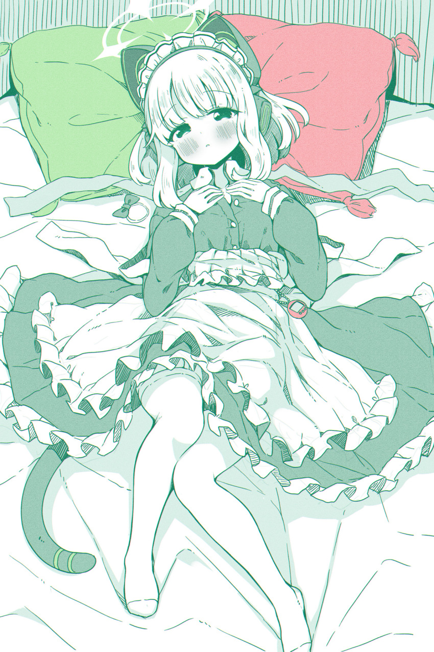 1girl animal_ear_headphones animal_ears apron blue_archive blush cat_ear_headphones commentary_request dress fake_animal_ears fake_tail frilled_apron frilled_dress frilled_headwear frills halo headphones highres knees_together_feet_apart limited_palette long_sleeves looking_at_viewer lying maid_apron maid_headdress midori_(blue_archive) midori_(maid)_(blue_archive) official_alternate_costume on_back pillow solo tail takahero thighhighs