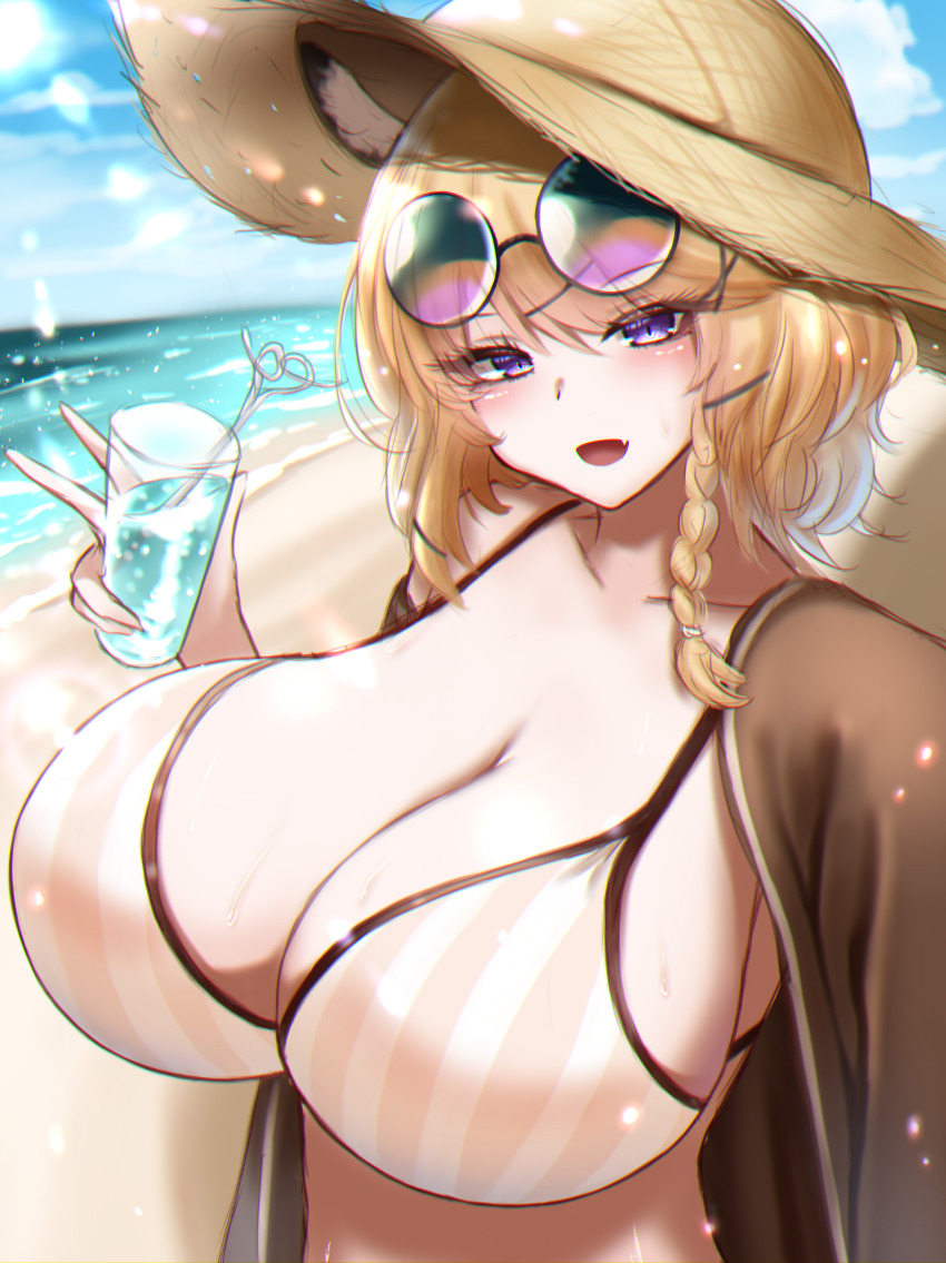 1girl absurdres animal_ears arknights beach bikini bikini_top blue_sky breasts cup doutei_no_roran glasses highres huge_breasts ocean sand sky solo sunglasses swimsuit utage_(arknights) utage_(summer_flowers)_(arknights)