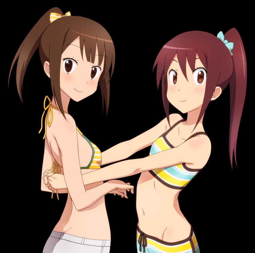 10s 2girls bikini blush brown_eyes brown_hair company_connection creator_connection crossover ginga_e_kickoff!! hanawa_kaoru highres long_hair look-alike midiman multiple_girls navel ponytail smile swimsuit takatou_erika tamayura transparent_background tyo_animations