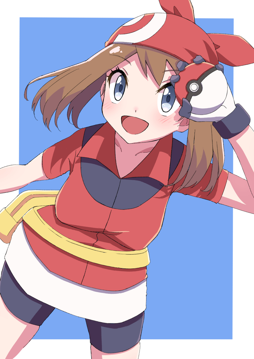 1girl :d absurdres bandana bike_shorts black_shorts blue_background border brown_hair creatures_(company) fanny_pack game_freak gloves highres holding holding_poke_ball looking_at_viewer may_(pokemon) nintendo open_mouth outside_border poke_ball poke_ball_(basic) pokemon pokemon_rse red_bandana red_shirt shirt short_hair short_sleeves shorts sirakirihajime smile solo white_border