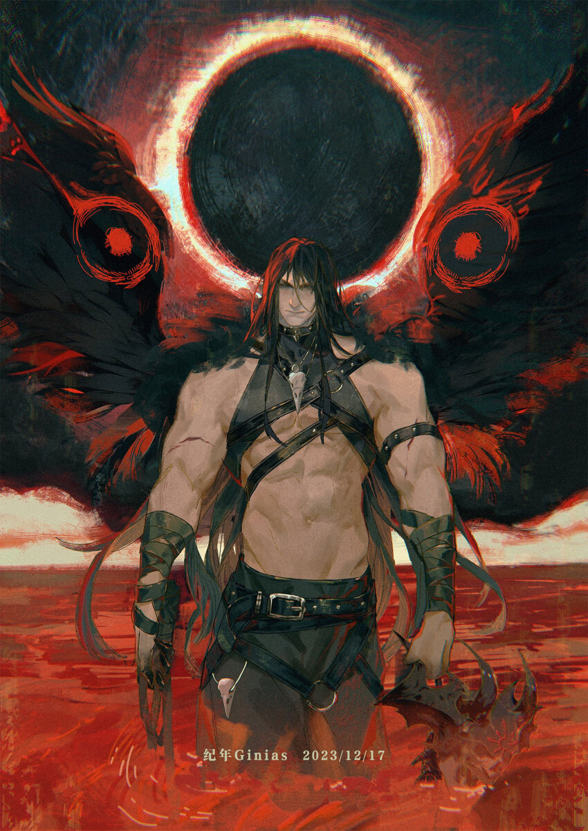 animal_skull arm_wrap armband artist_name belt bird black_armband black_hair black_sky black_sun black_wings blood blue_eyes chest_harness corvus_corax_(warhammer) crow dated eclipse eyes_in_wings feathered_wings feathers ginias harness highres jewelry long_hair muscular necklace pool_of_blood primarch red_eyes ripples signature skull_necklace sky spread_wings sun warhammer_40k wings