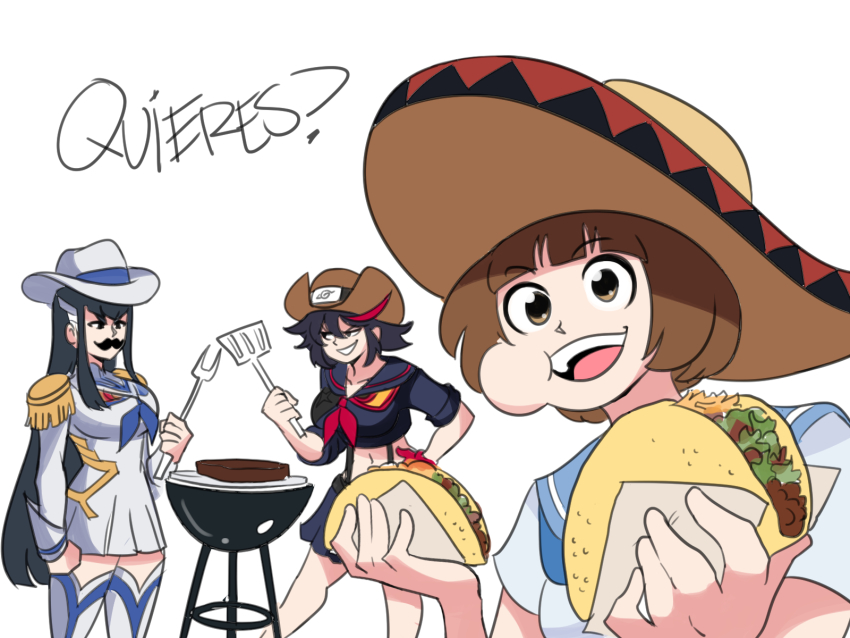 3girls bandana black_hair black_shirt blouse blunt_bangs breasts brown_eyes brown_hair cooking cowboy_hat cowboy_shot facial_hair fake_facial_hair fake_mustache food food_in_mouth forehead_protector grill grilling hand_on_own_hip hat highres holding holding_food junketsu kill_la_kill kiryuuin_satsuki large_breasts mankanshoku_mako matching_hair/eyes matoi_ryuuko multiple_girls mustache s_meriweather school_uniform senketsu serafuku shirt siblings simple_background sisters sombrero spanish_text spatula standing steak taco teeth tina_fate upper_teeth_only white_background