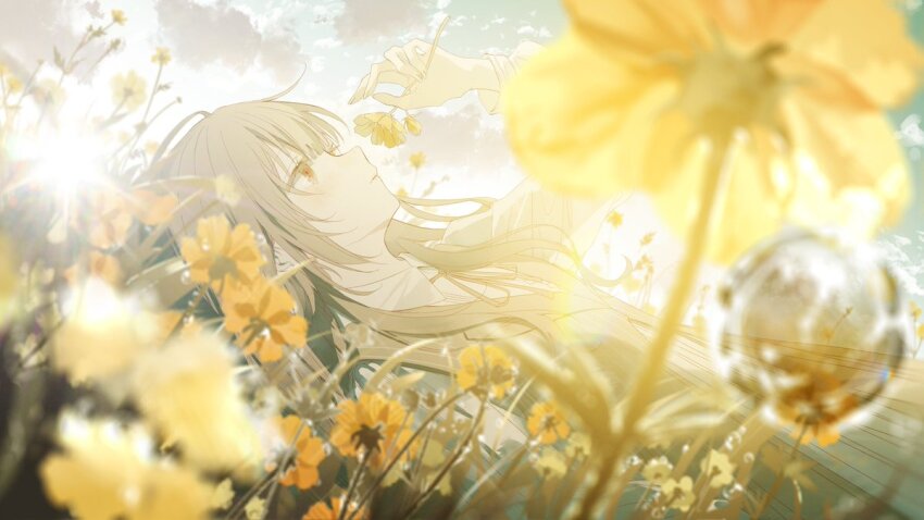 1girl aestivation blurry commission dew_drop field flower flower_field grey_hair light_rays original red_eyes ribbon water_drop yellow_flower